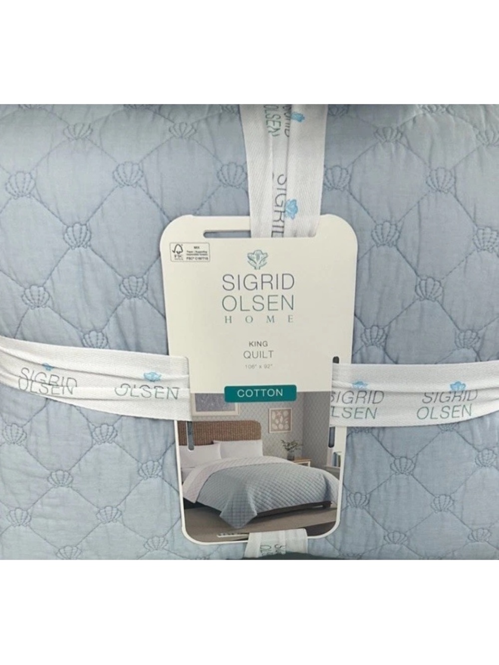 Sigrid Olsen Blue King Cotton Quilt Set 106”x92” All Over Seashell Design